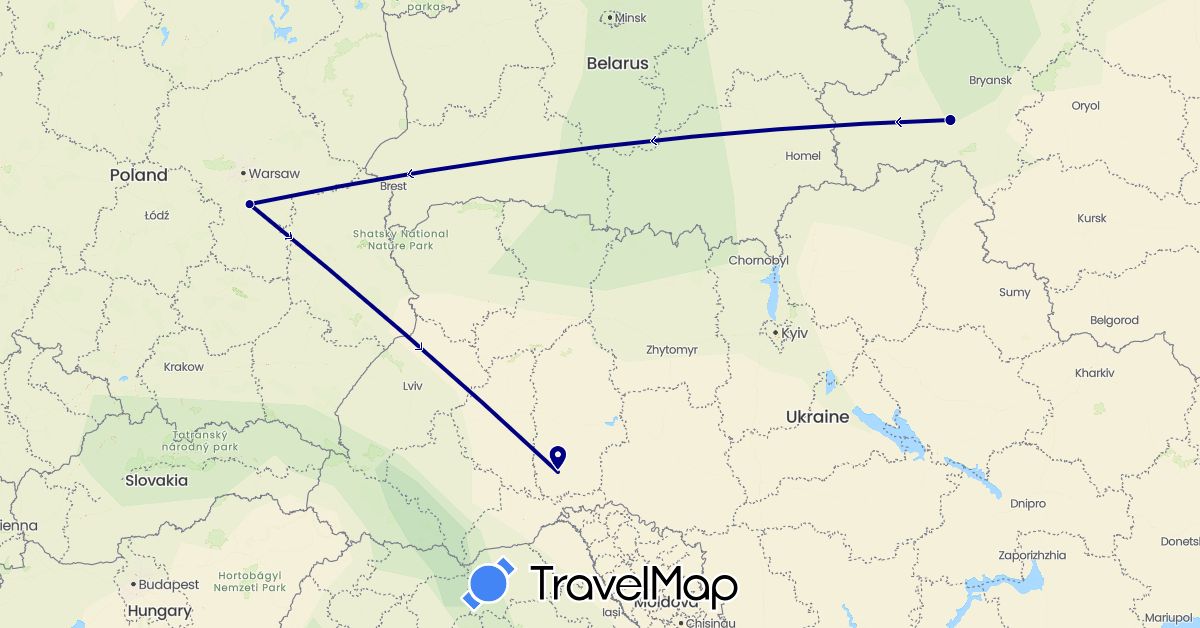 TravelMap itinerary: driving in Poland, Russia, Ukraine (Europe)